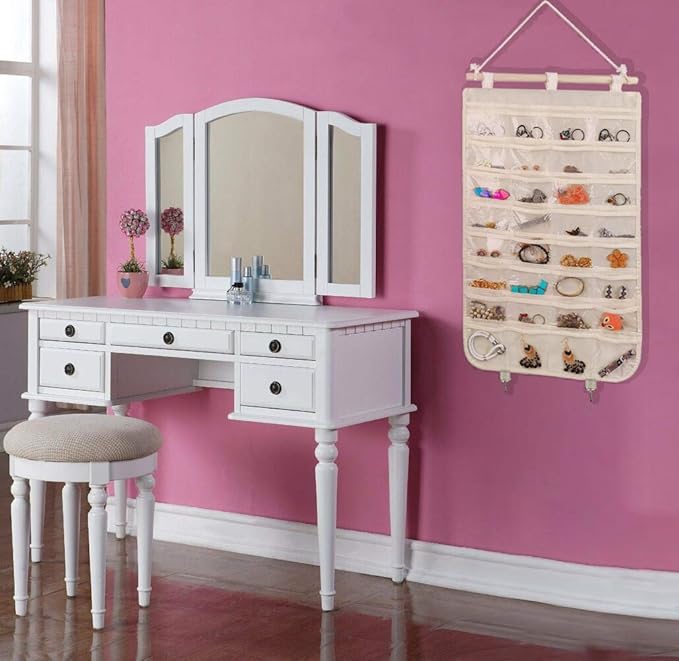BB Brotrade Hanging Jewelry Organizer,32 Clear PVC Pockets Wall Jewelry Storage with 2 Metal Hooks for Holding Jewelries