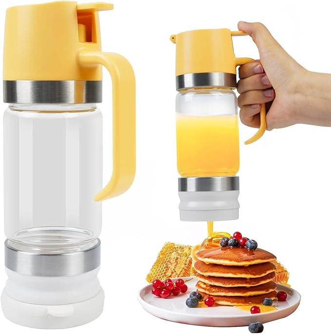 Honey Dispenser No Drip with Base, 12oz Glass Honey Jar Pot with One-Press Mess-Free Pouring, Multi-Purpose Syrup Dispenser Honeys Container for Pancakes Coffee Tea Salad