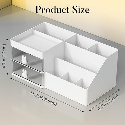 Makeup Organizer, Cosmetic Desk Storage Box with Drawers Skincare Organizers for Dressing Table, Countertop, Bathroom Counter, Vanity Holder for Brushes, Lotions, Lipstick, Perfume (White-Clear)