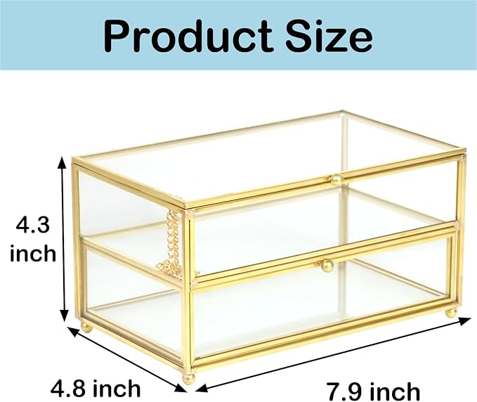 ZEXALOR 2-Tier Vintage Clear Desk Organizer with Drawer,Gold Decorative Storage Boxes,Jewelry Holder Display Tray Trinket Boxes Glass Memory Keepsake Box Dresser Vanity Wedding Decor Gifts(Gold)