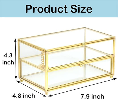 ZEXALOR 2-Tier Vintage Clear Desk Organizer with Drawer,Gold Decorative Storage Boxes,Jewelry Holder Display Tray Trinket Boxes Glass Memory Keepsake Box Dresser Vanity Wedding Decor Gifts(Gold)