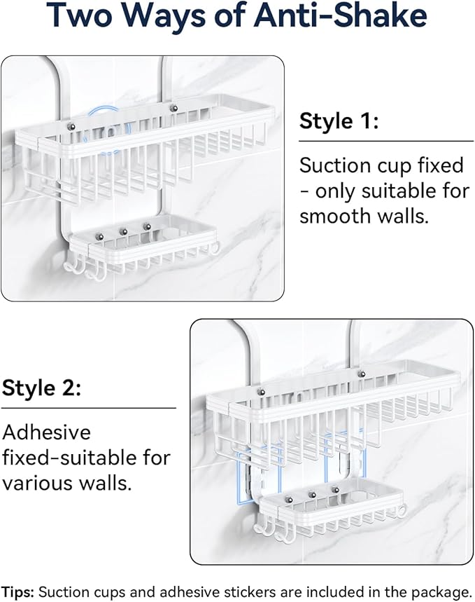 YASONIC Never-Rust Aluminum Hanging Shower Caddy – Over-the-Showerhead Organizer with 10 Hooks for Razor and Sponge – Includes Soap Basket – White