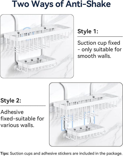 YASONIC Never-Rust Aluminum Hanging Shower Caddy – Over-the-Showerhead Organizer with 10 Hooks for Razor and Sponge – Includes Soap Basket – White