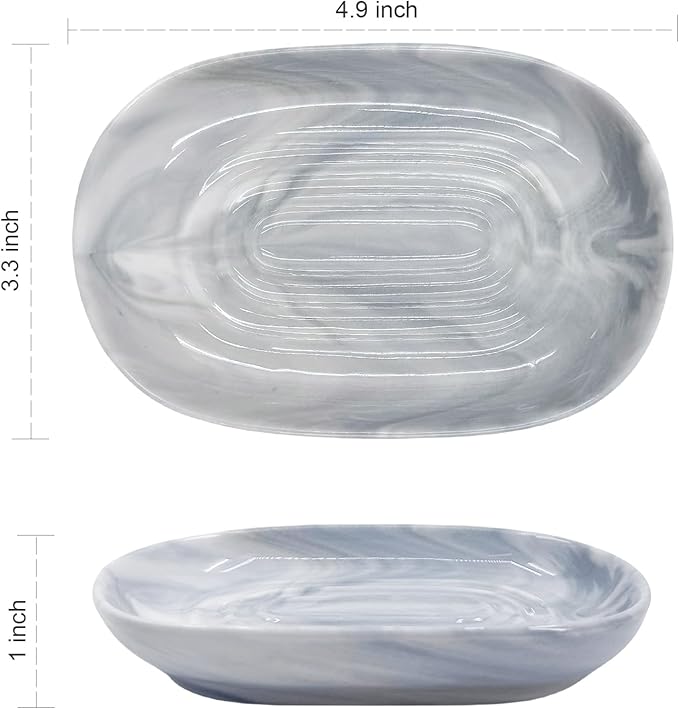 Ceramic Marble Pattern Soap Dish, Textured Raised Soap Saver Tray for Shower Bathroom Kitchen Sink Vanity, Easy to Clean Multi-Use Holder for Bar Soap Jewelry Rings Keys, Grey (1 Pack)