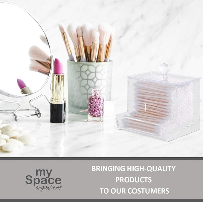 My Space Organizers Acrylic Qtip Holder - For Qtip Brand Cotton Swab Dispenser, Modern Bathroom Decor, Countertop Bathroom Vanity Storage