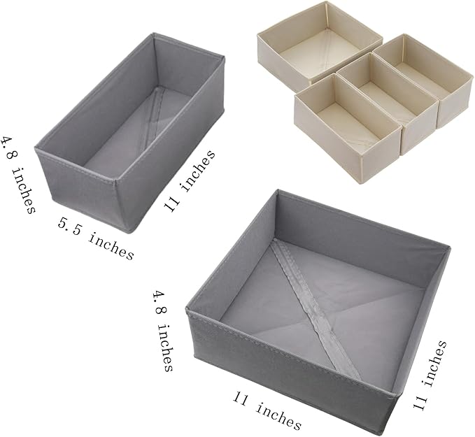 Bructhun Drawer Organizer Set of 4 Beige - Fabric Storage Bins for Clothes, Underwear, Socks & Bras - 11" Dresser Dividers for Bedroom Closet