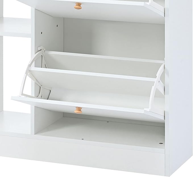 JIVOIT 2-Tier Shoe Storage Organizer, Modern Wooden Shoe Cabinet with 4 Flip Drawers, Multifunctional Free Standing Shoe Rack for Entrance Hallway Small Spaces (White+4 Flip Drawers)