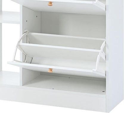 JIVOIT 2-Tier Shoe Storage Organizer, Modern Wooden Shoe Cabinet with 4 Flip Drawers, Multifunctional Free Standing Shoe Rack for Entrance Hallway Small Spaces (White+4 Flip Drawers)