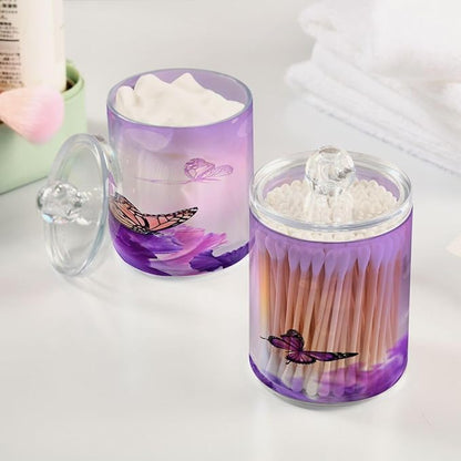 Purple Butterfly Qtip Holder 2 Pack, 14 oz Apothecary Jars Bathroom Vanity Organizer Canister for Qtips,Cotton Swabs,Cotton Balls,Cosmetic Pads,Flossers,Bath Salts