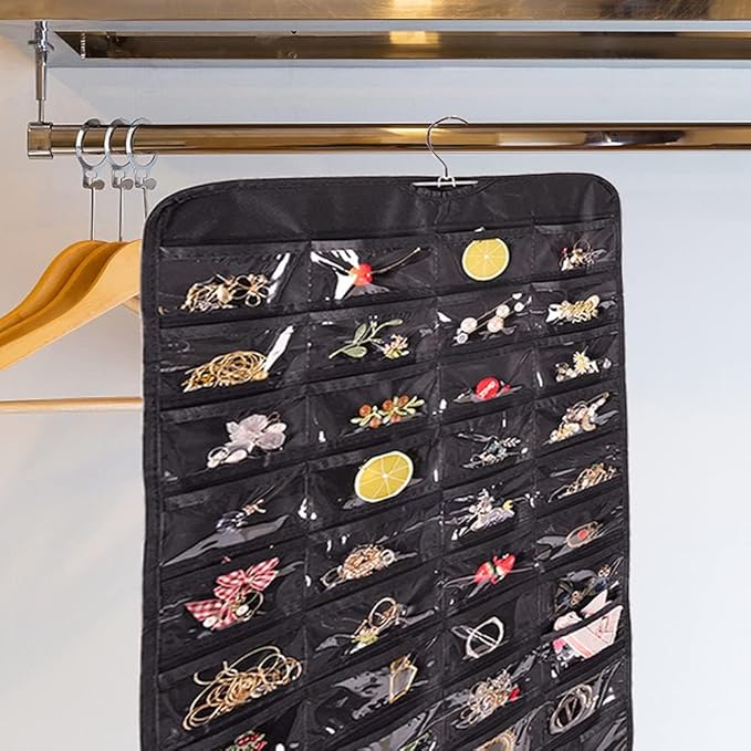 Bloss Hanging Jewelry Organizer, 2 Sided 80 Pocket Jewelry Chain Storage Bag 2 Layer of Fabric Jewelry Organizer for Necklace Bracelet Earring Ring Chain, Earring Holder - Black
