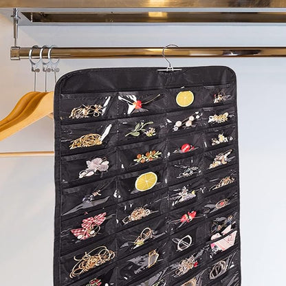 Bloss Hanging Jewelry Organizer, 2 Sided 80 Pocket Jewelry Chain Storage Bag 2 Layer of Fabric Jewelry Organizer for Necklace Bracelet Earring Ring Chain, Earring Holder - Black