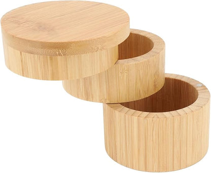 3-Tier Wooden Rotating Spice Storage Box with Swivel Lid, Triple-Layer Condiment Organizer for Kitchen Countertop Home Cooking, Salt Sugar Pepper Seasoning Jar, Easy to Clean Household Tool