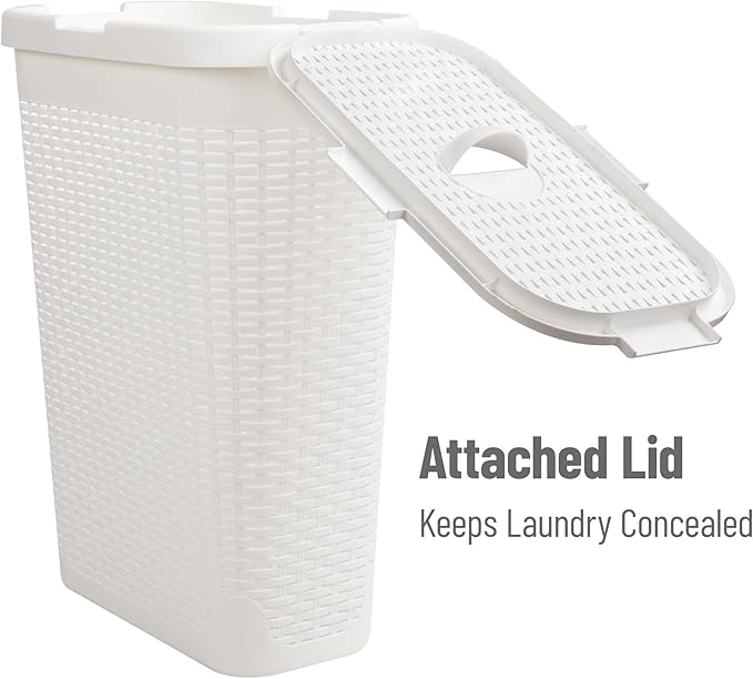 Mind Reader Slim Laundry Hamper with Lid, 40L Clothes Basket, Narrow Tapered Design with Ventilated Cutout Pattern, Plastic, Set of 2, White