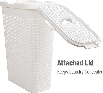 Mind Reader Slim Laundry Hamper with Lid, 40L Clothes Basket, Narrow Tapered Design with Ventilated Cutout Pattern, Plastic, Set of 2, White