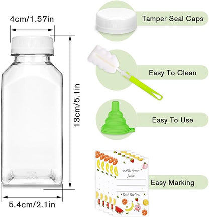 Plastic Juice Bottles with Caps 6 pcs - 8oz Reusable Juice Containers with Tamper Proof Lids White - Clear Juicing Bottles for Juicing Milk Smoothie Drinking and Other Beverages Christmas Gifts