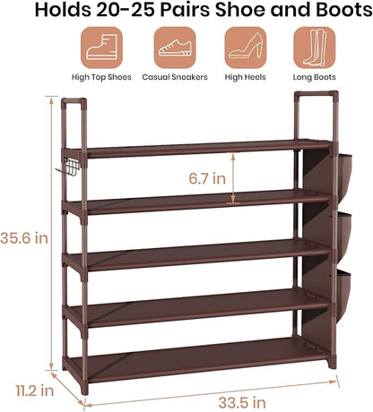 VILICK Shoe Rack for Closet Shoe Organizer Space Saver Storage for 20-25 Pair Shoe Shelf with Hook and Side Pocket Free Standing 5 Tier Shoe Rack Organizer for Entryway,Small Spaces, Brown
