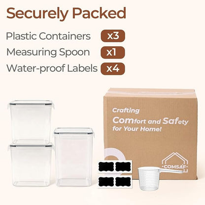 ComSaf Flour Sugar Storage Containers Set of 3 (5.2L/5.5Qt) (2.5L/2.6Qt*2), Large Airtight Food Storage Containers with Lids, Plastic Canisters Sets for Kitchen, Pantry Organizers for Rice and Baking