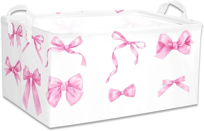 3 Pcs Pink Bow Storage Basket, Coquette Girls Rectangle Storage Bins Box with Handles, Bows and Chery Shelf Basket Ideal for Room Nursery Decor, Books, Organizing Clothes, Toys