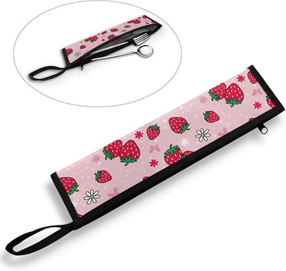 COEQINE Strawberry Travel Silverware Pink Cute Travel Frok Spoon Knife For Women Carrying Utensil Case With Zipper Leafprood Washable for Travel Work Picnic Camp