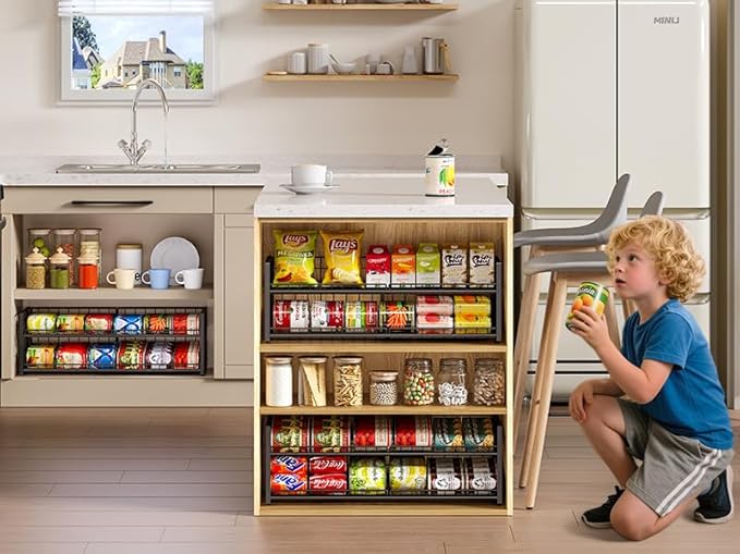 3 Tier Stackable Can Rack Organizer for Pantry Shelf, Adjustable Extra-Long Can Holder for Kitchen Storage, Sturdy Standing Rolling Can Dispenser for Canned Food Goods Drink Soup up to 96, Black
