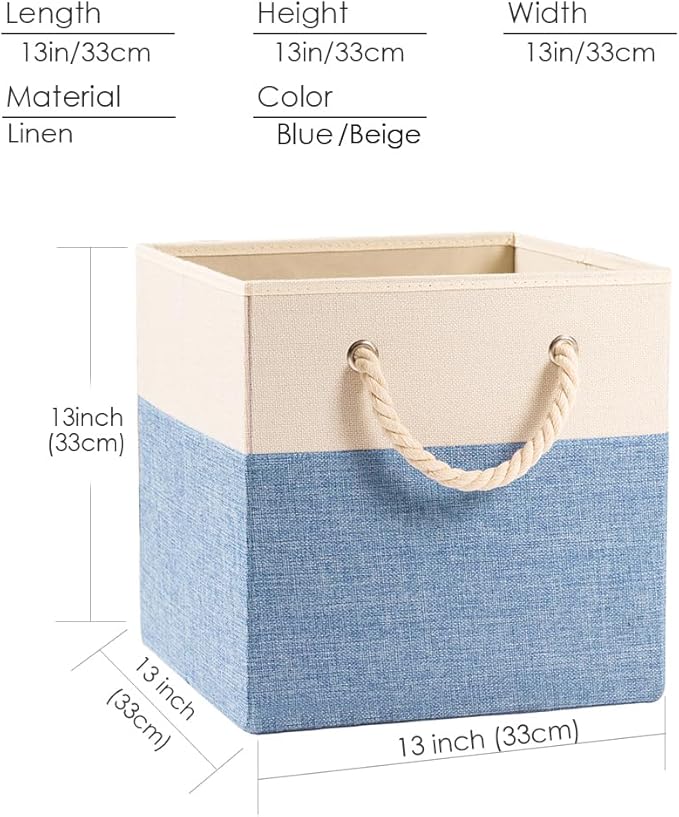 PRANDOM Large Foldable Cube Storage Bins 13x13 inch [2-Pack] Fabric Linen Storage Baskets Cubes Drawer with Cotton Handles Organizer for Shelves Nursery Closet Bedroom Beige/Blue