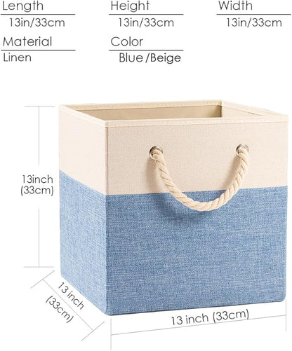 PRANDOM Large Foldable Cube Storage Bins 13x13 inch [2-Pack] Fabric Linen Storage Baskets Cubes Drawer with Cotton Handles Organizer for Shelves Nursery Closet Bedroom Beige/Blue