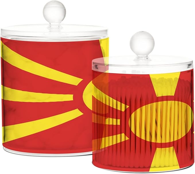DOMIKING Flag Macedonia 2 Pack Bathroom Canisters Cotton Swab Holder Dispenser Plastic Cotton Ball Jar Acrylic Storage Containers for Cotton Swab Cotton Ball Cotton Round Pads