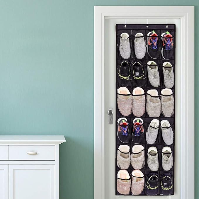 24 - Pockets Non - Woven Hanging Shoe Storage Bag, Over The Door Organizer, Large Capacity Wall Mount Shoe Rack with Metal Hooks for Home Closet Entryway