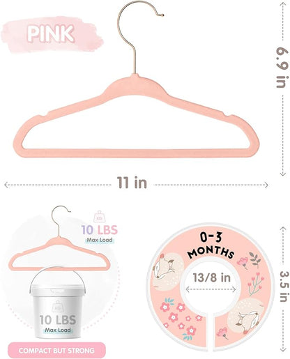 VIS'V Baby Hangers, 11 Inch Velvet Kids Hangers with 6 Pcs Clothes Size Dividers, Infant Toddler Nursery Closet Organization, Non Slip, Pink, 30 Pcs