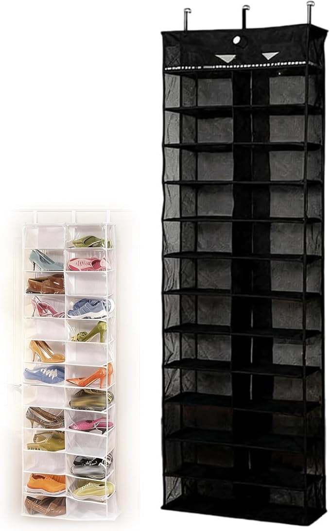 Over The Door Sweatshirt Organizer, Hoodie Organizer For Closet, 26-Pocket Hanging Clear Door Shoe Organizers, Portable Hoodie Storage Organizers - Large 63" x 22" Foldable (Black)