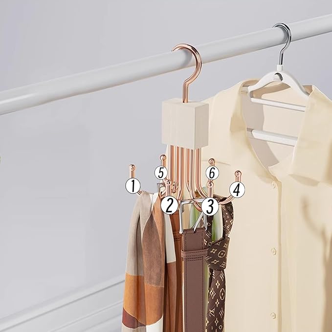 Belt Hanger, 2Pcs Belt Organizer for Closet 360°,Rotatable Max 48 Belt Storage Rack Space Saving Storage Rack for Belt, Bra, Tank Top, Tie, Scarf(Wood Color)