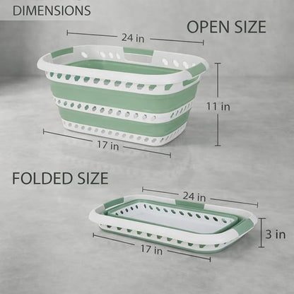 Laundry 360 Collapsible Laundry Basket | Portable | Space Saver Storage | Hold 2 Loads | Store Under the Bed or Closet | Good for Kids | Dorm | Bedroom | Large | White/Sage