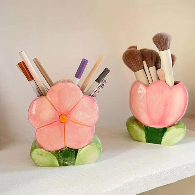 1 PC Flower Makeup Storage Box Ceramic Blossom Five Petals Pen Holder Pen Holder Desktop Storage Box (Pink)