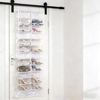 Hoodie Sweatshirt Storage Hack, Door Hanging Shoe Rack Organizer, 26-Pocket Clear Holder, Large 63" x 22" Foldable Behind The Door Organizer (Beige 1PC)