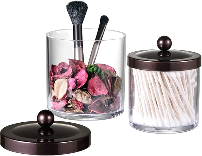 SheeChung 2-Pack Plastic Apothecary Jars with Bronze Metal Lids-25oz & 15oz Clear Acrylic Qtip Holder Set- Shatterproof Bathroom Vanity Organizer for Cotton Balls, Swabs-Modern Farmhouse Rustic Decor