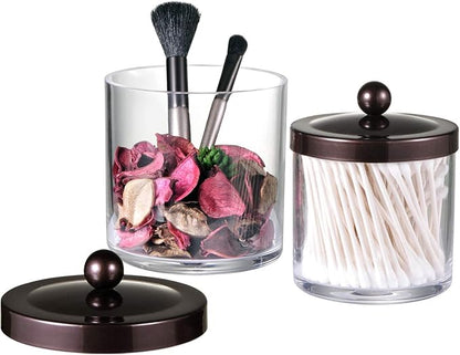 SheeChung 2-Pack Plastic Apothecary Jars with Bronze Metal Lids-25oz & 15oz Clear Acrylic Qtip Holder Set- Shatterproof Bathroom Vanity Organizer for Cotton Balls, Swabs-Modern Farmhouse Rustic Decor