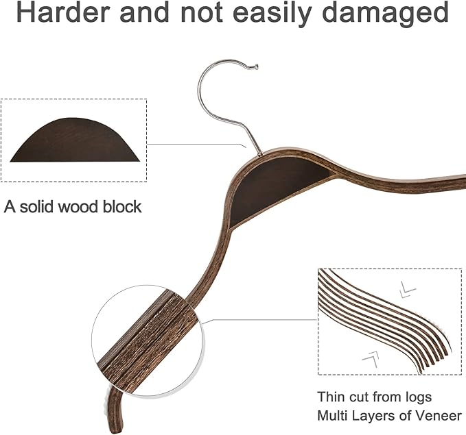 TOPIA HANGER Slim Wooden Hangers with Extra Soft Non-Slip Rubber Grips, 10-Pack High-Grade Fashion Hanger No Shoulder Bump for Sweater, Camisole, Jacket, Dress, Coat (Antique) -CT15A