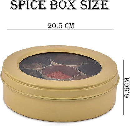 Elan 7 Compartment Multipurpose Air-Tight Stainless Steel See Through Round Colorful Spice Box/Popula Dabba with Lid and Spoon | Daisy Yellow, 1500 ml