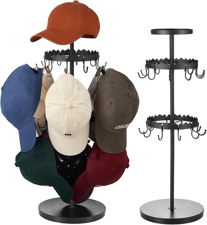 Rotating Hat Organizer for Baseball Caps, 3-Tier Merchandise Display & Tabletop Hat Organizer with Tray Holds 40+ Caps,Hat Stand for Vendor & Home Use in Bedroom, Closet, Dresser, Office