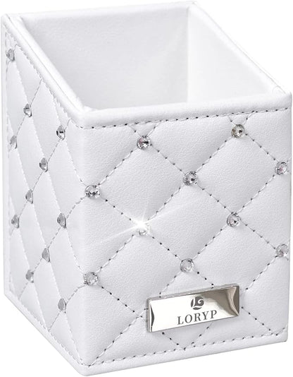 LORYP Makeup Brush Holder Crystal Brushes Cup White PU Make up Brush Case Bag Storage for Women (White-Large)