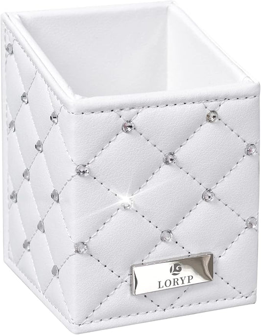 LORYP Makeup Brush Holder Crystal Brushes Cup White PU Make up Brush Case Bag Storage for Women (White-Large)