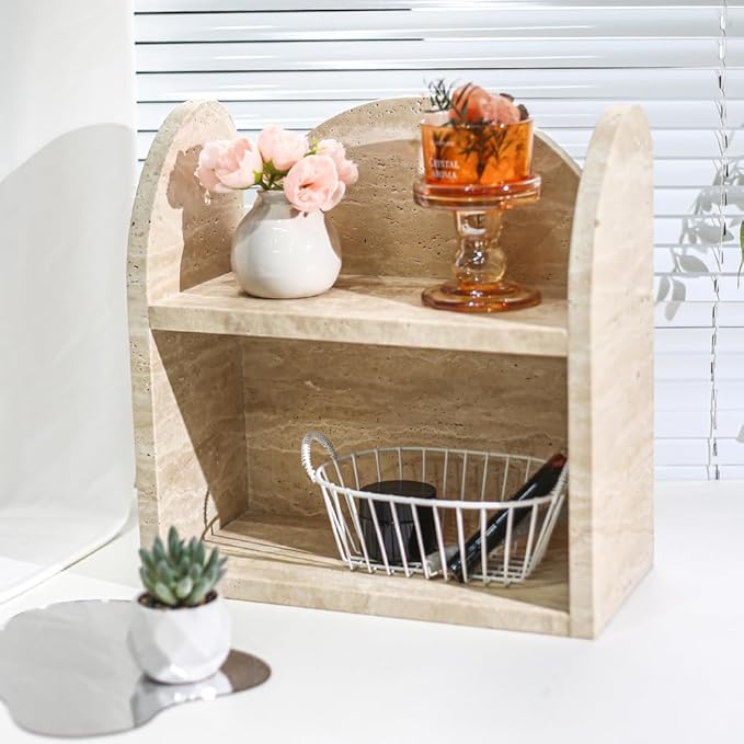 DUANYAN Travertine Bathroom Counter Organizers and Storage, 2-Tier Luxurious Makeup Organizer for Perfume Cosmetic Skincare Jewelry, Natural Stone Counter Shelf, No Assembly Required