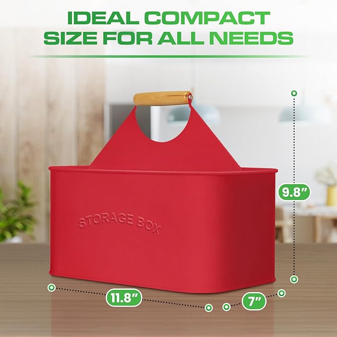 Plexon Metal Utensil Caddy With Handle - Farmhouse Rustic Kitchen Utensil Holder for Party Picnic Table Garden - Tool Cutlery Flatware Silverware Caddy Organizer Storage, Red