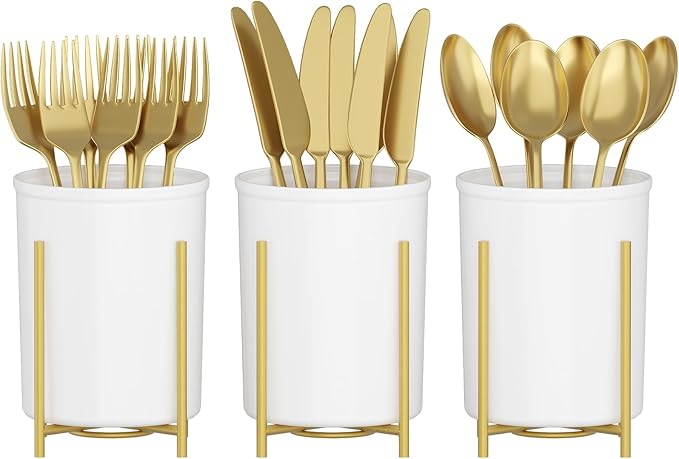 Lifewit Plastic Silverware Holder for Kitchen Countertop, Cutlery Flatware Caddy with Metal Bracket, Utensil Spoon Fork knives Organizer for Party Picnic, Gold, 3 Pack