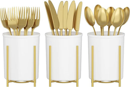 Lifewit Plastic Silverware Holder for Kitchen Countertop, Cutlery Flatware Caddy with Metal Bracket, Utensil Spoon Fork knives Organizer for Party Picnic, Gold, 3 Pack