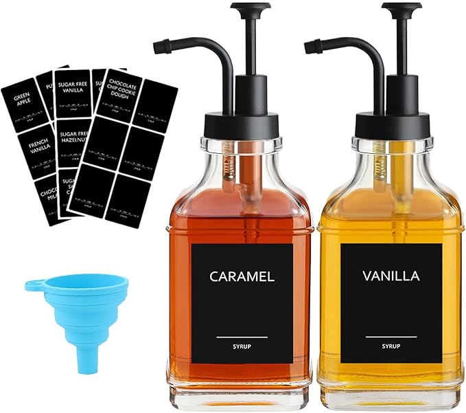 AXIM Coffee Syrup Pump Dispenser,500ml/17oz Glass Syrup Bottle with Pump and Labels, Syrup Bottles for Coffee Bar Station Organizer