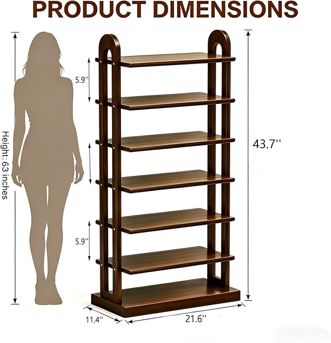 7-Tier Vertical Shoe Rack, Entryway Shoe Tower, Shoe Rack Organizer, Shoe Holder Storage Narrow Vertical, Wooden Free Standing Shoe Rack Shelf for Entryway, Hallway, Closet