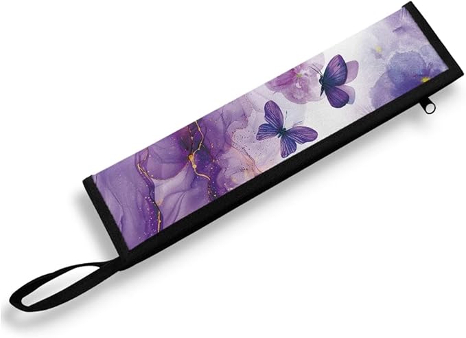 COEQINE Marble Utensil Holder Purple Butterfly Travel Utensil Case Silverware Carrying Bag Portable Leakproof Cutlery Pouch Straws Sleeve Knife Fork Spoon Organizer Holder for Picnic Travel