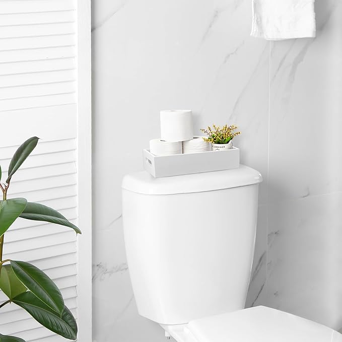 ALELION White Bathroom Basket - Wooden Toilet Tank Paper Basket with Handle for Organizing - Back of Toilet Storage Organizer for Bathroom Tank Topper Counter - White Bathroom Decor Box