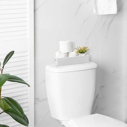 ALELION White Bathroom Basket - Wooden Toilet Tank Paper Basket with Handle for Organizing - Back of Toilet Storage Organizer for Bathroom Tank Topper Counter - White Bathroom Decor Box